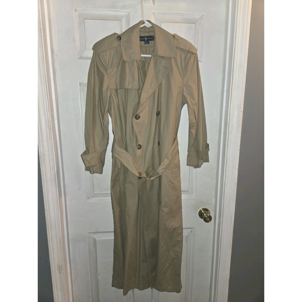 VTG Ralph Lauren Blue Label Size 4 Trench Coat 100% Cotton Tan Khaki Maxi Duster